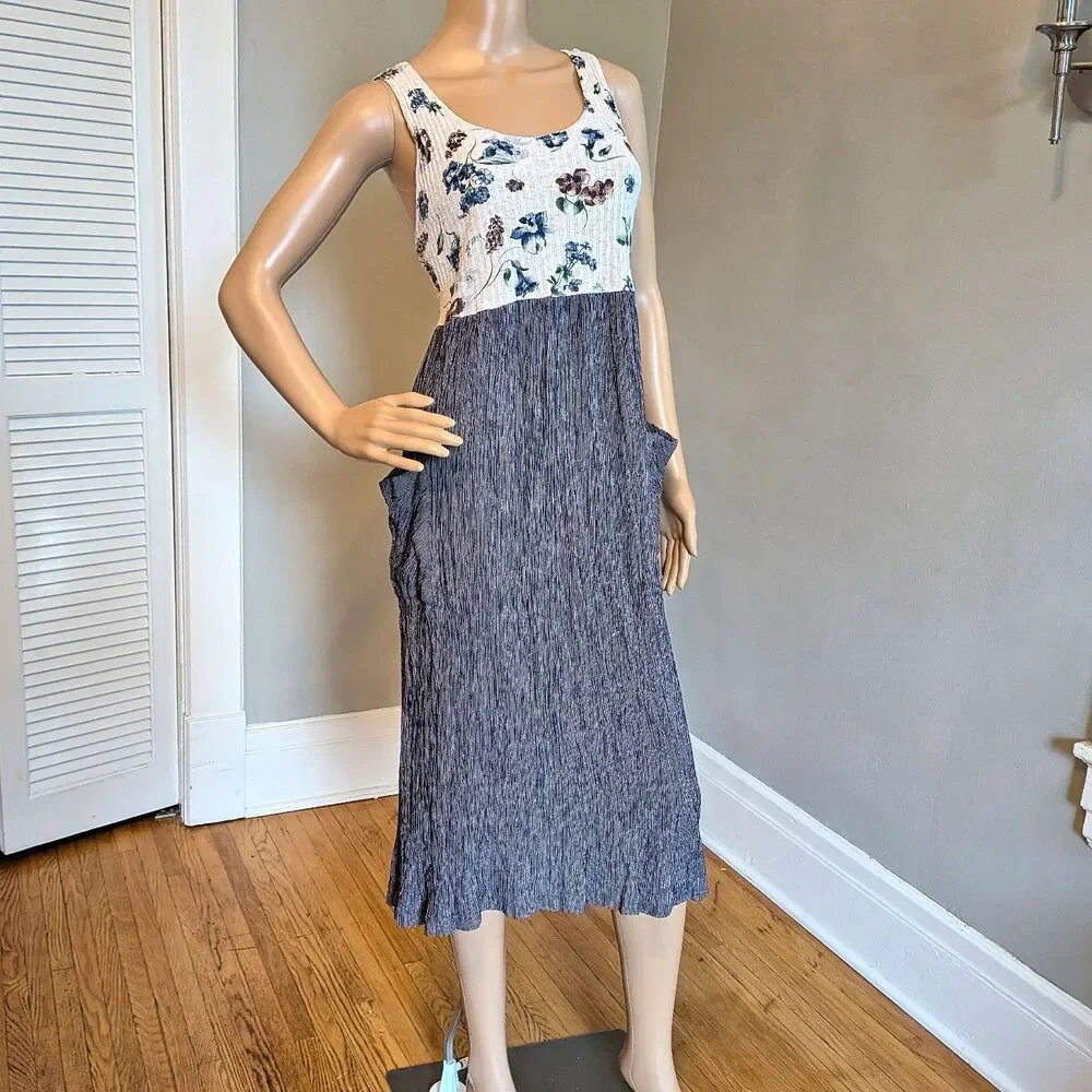 Vintage 90s Floral Midi Dress, Striped Skirt, Pockets Cottagecore Folk, Size 9